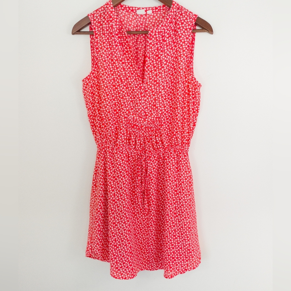 GAP Red Ditsy Floral Sleeveless Drawstring Waist Mini Blouson Dress Size XS